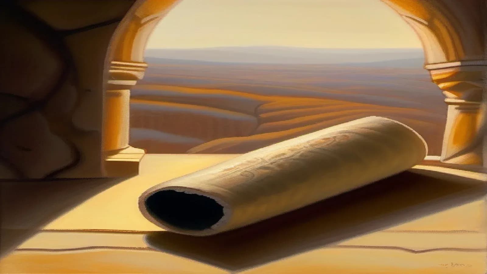 An ancient Hebrew scroll partially unrolled on a stone surface with desert landscape visible through a window