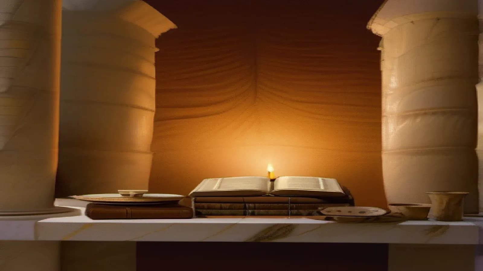 Aged papyrus letters and codex pages spread across a marble table with a Roman oil lamp