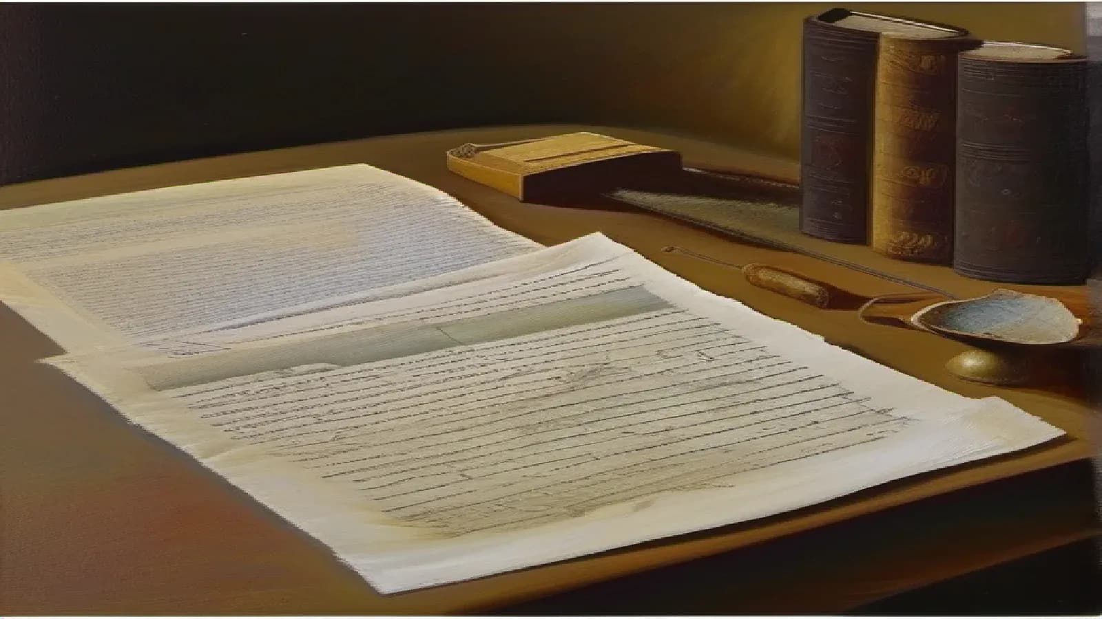 Ancient documents and manuscripts spread across a wooden desk with books and reading tools