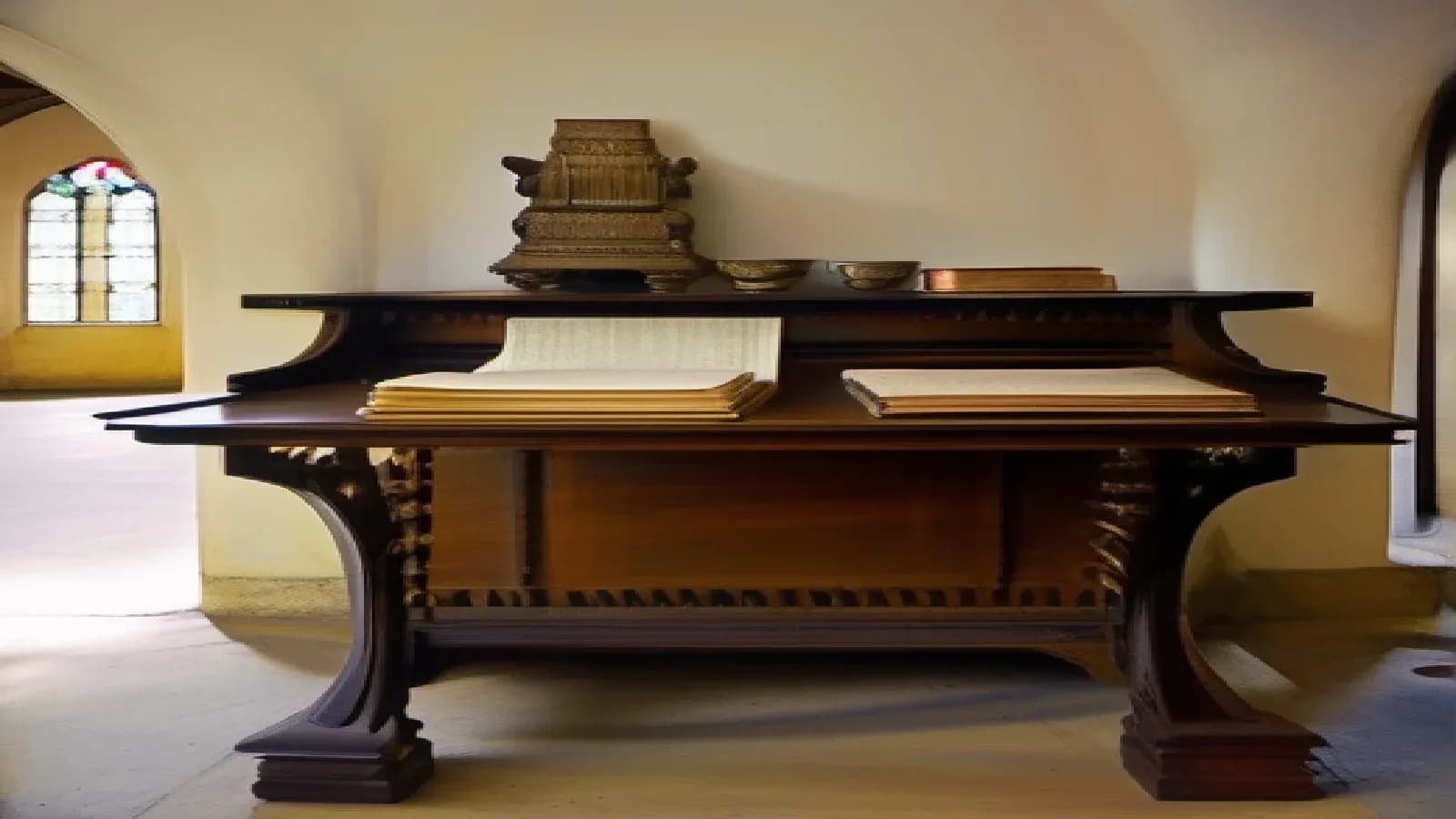 A wooden lectern holding open books and bound volumes in a vaulted stone monastic reading room