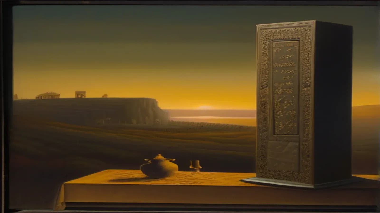 A weathered inscribed basalt stele standing beside an open Hebrew scroll on a stone table, lamplit, with a walled hill city in the evening distance
