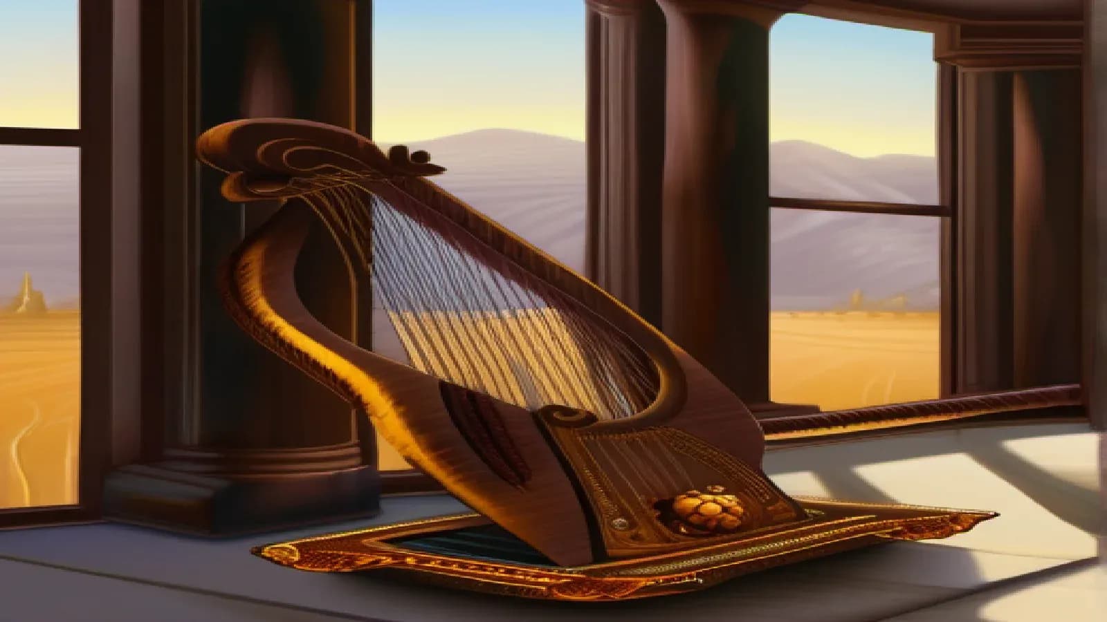 An ancient wooden lyre and an open scroll of Hebrew poetry on a worn stone table beside a brass oil lamp, with distant Judean hills visible through a window at dawn