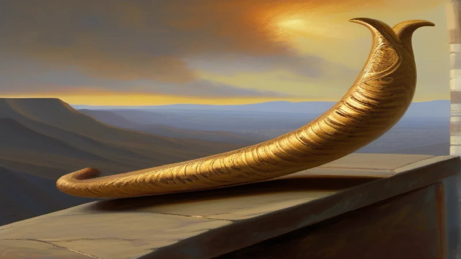 An ancient open scroll and a ram's-horn shofar resting on a weathered stone ledge, the terraced hills of Judah beyond, the sky breaking from dark storm clouds into gold dawn light