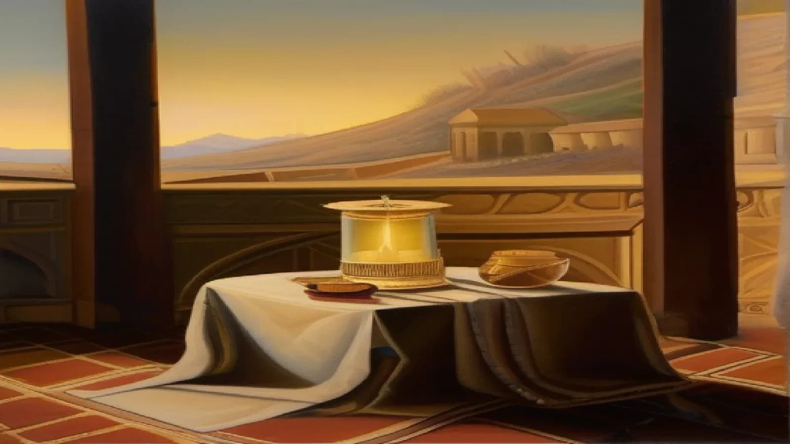 Four open ancient codices arranged around a single glowing brass oil lamp on a worn stone table, lit by warm candlelight, with Galilean hills at dawn visible through a window beyond