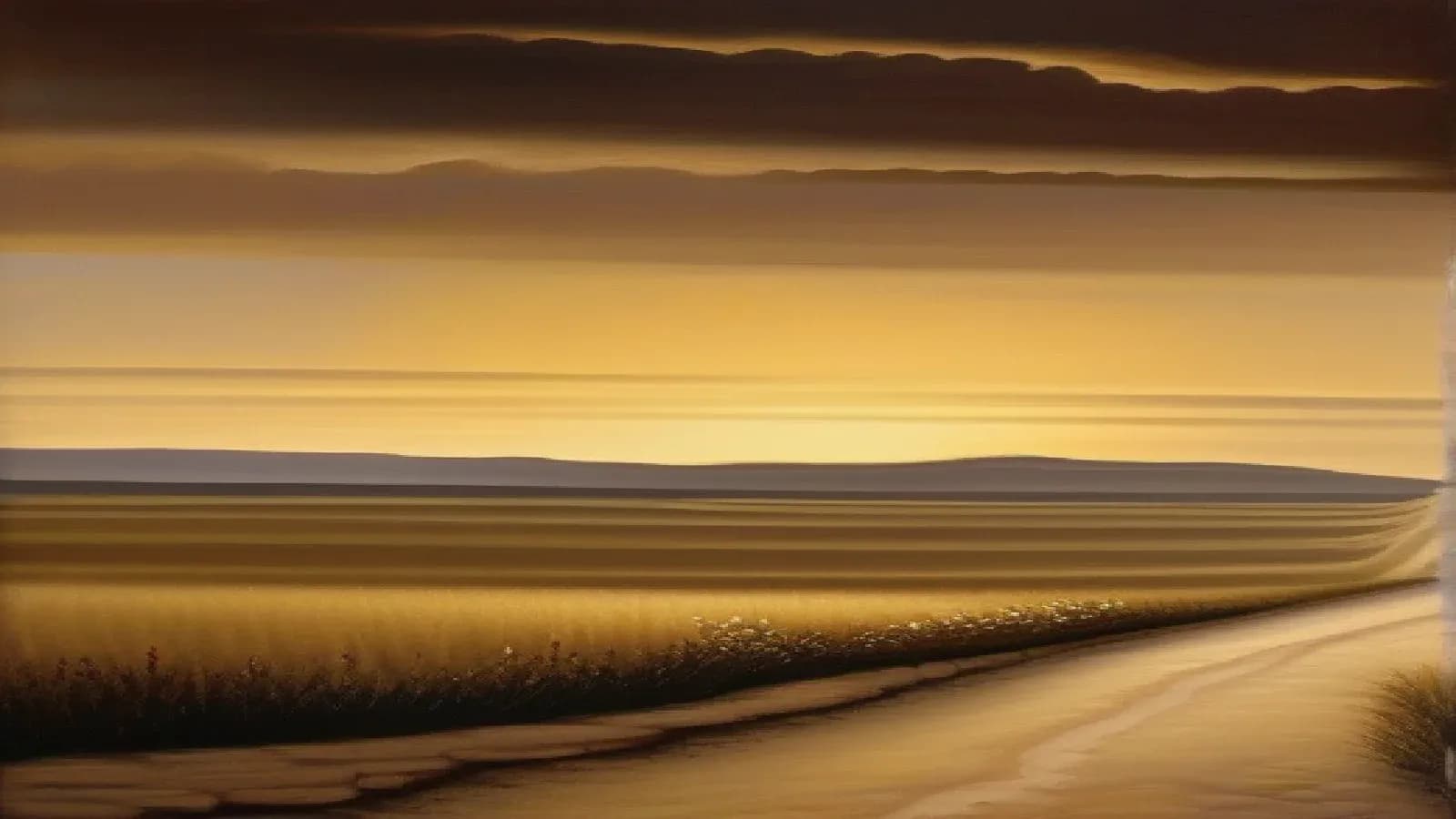 An open papyrus letter and an unrolled scroll resting on a weathered stone beside an ancient Roman paved road that runs toward a distant walled city under a low sky, warm oil painting