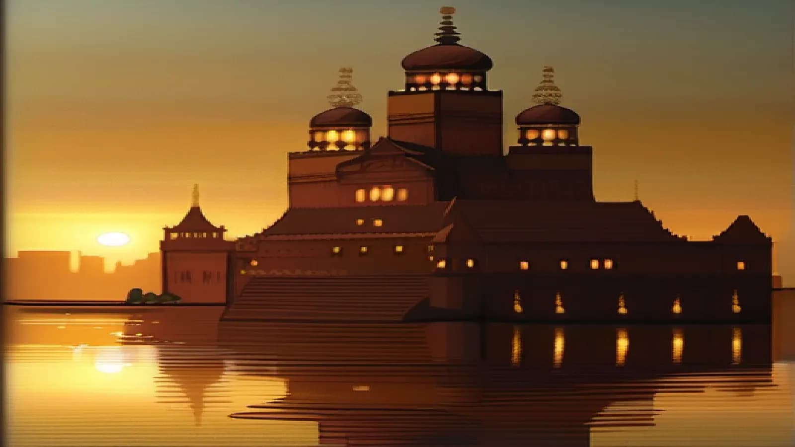 A radiant walled city of light with glowing domes and gates rising over still calm water under a luminous golden sky, the New Jerusalem, its lights reflected on the water at the horizon, warm oil painting