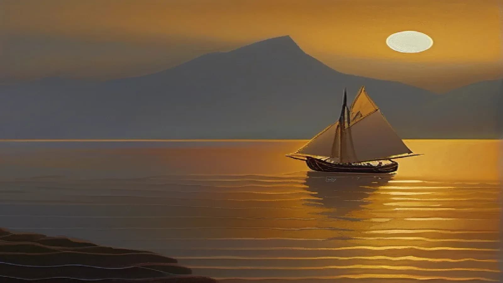 A small ancient wooden sailing ship under sail crossing calm open Mediterranean water at dawn, a mountainous coastline and the low sun on the horizon casting a golden path across the water, warm oil painting