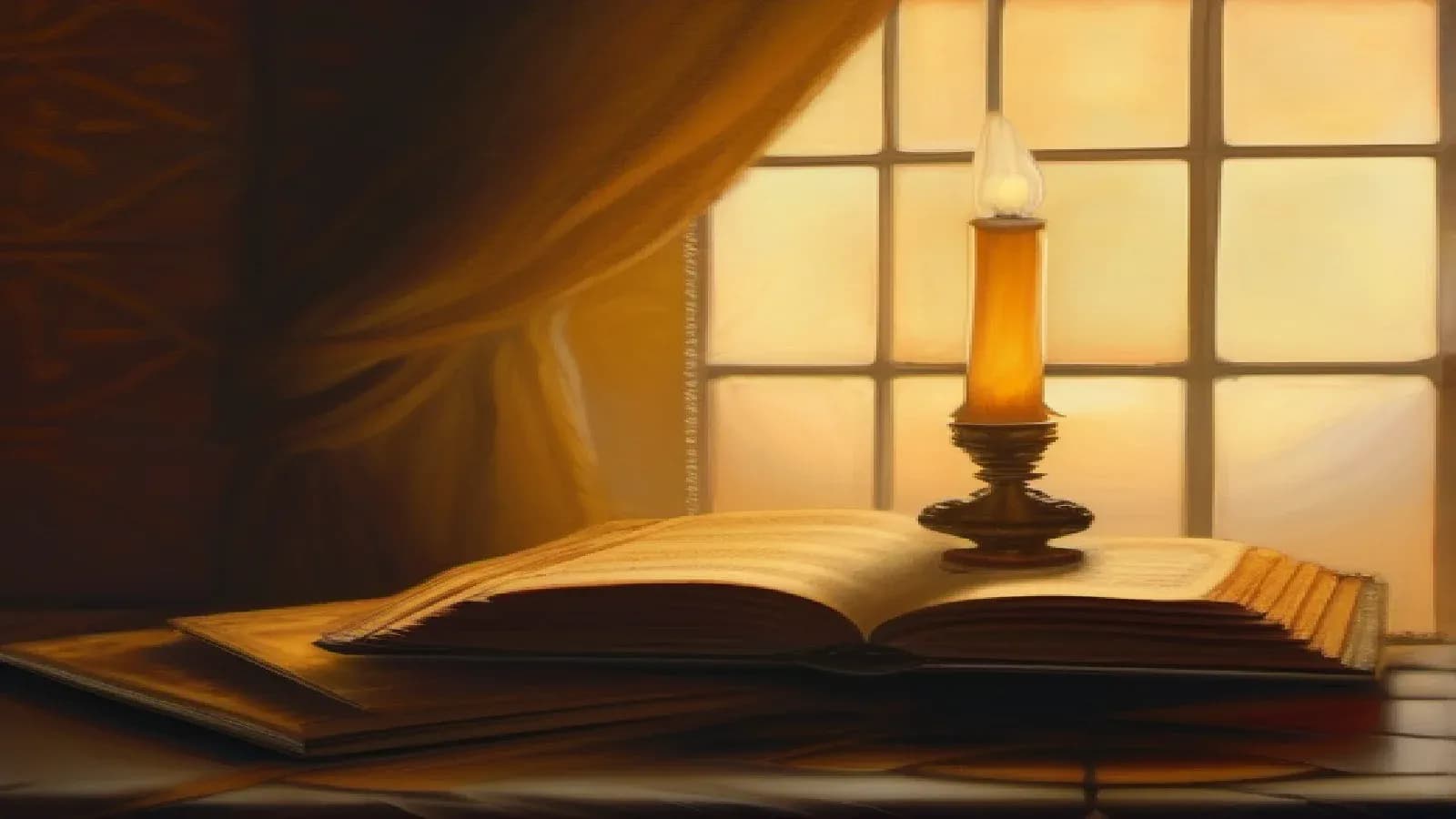 An open ancient codex on a worn stone table lit by a single radiant oil-lamp flame whose golden light pushes back the deep surrounding darkness, the light reflected on the page, warm oil painting