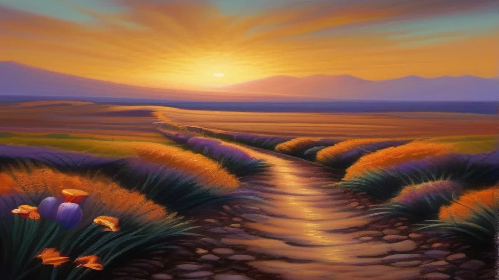 An ancient stone road winding through a desert wilderness breaking into bloom with crocus and wildflower along its edges, distant hills beyond, the dawn sky breaking from shadow into gold light over the way home, warm oil painting