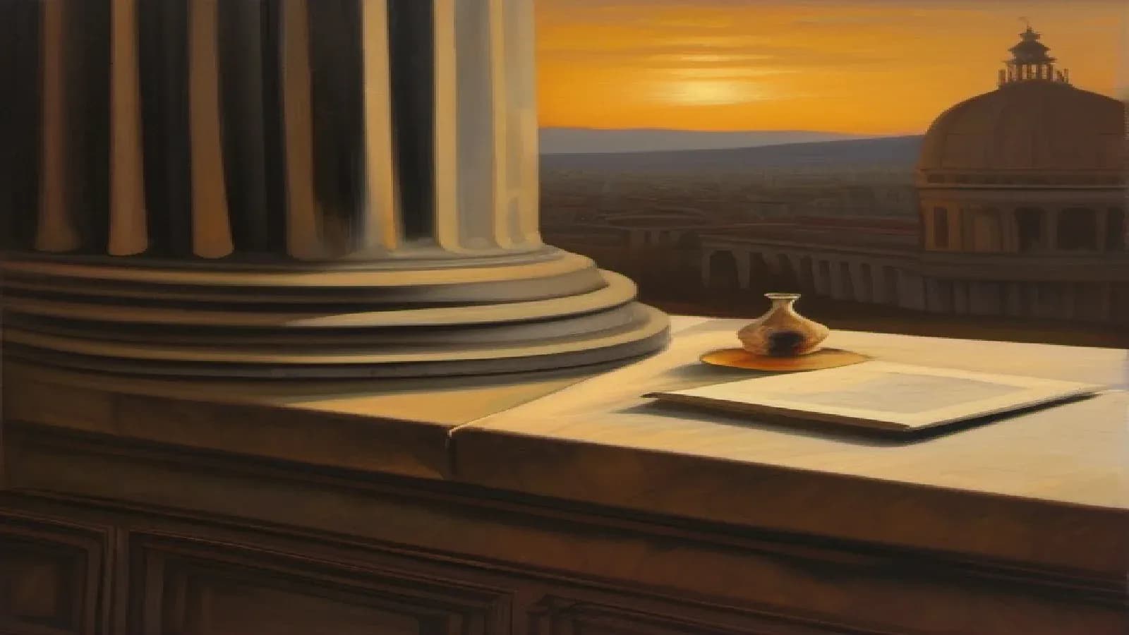 A sealed letter and a small oil lamp resting on a worn marble ledge beside a fluted column, with the domes and skyline of imperial Rome rising in the distance under a glowing golden dawn, warm oil painting