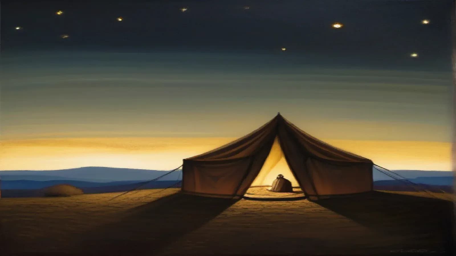 A lone tent glowing with warm lamplight on a hilltop at dusk beneath a darkening sky scattered with the first stars, a simple stone altar nearby and distant hills in shadow, the promise of descendants as countless as the stars, warm oil painting