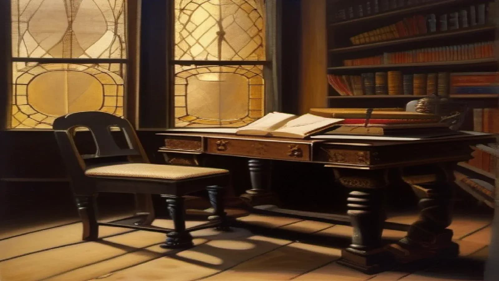 A wooden writing desk with an open book under stained-glass arched windows casting warm amber light, a leather-bound bookshelf in a quiet scholar's study