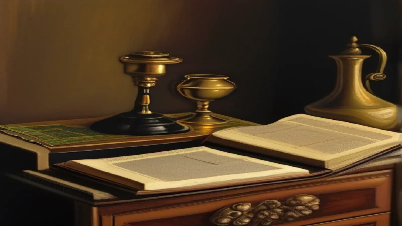 Two open books resting on a wooden writing desk beside a brass lamp and brass ewer in a warmly-lit scholar's study