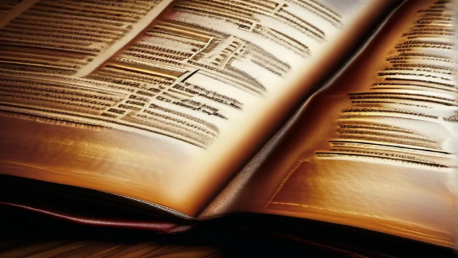 An ancient Bible lying open on a wooden table, illuminated by warm candlelight