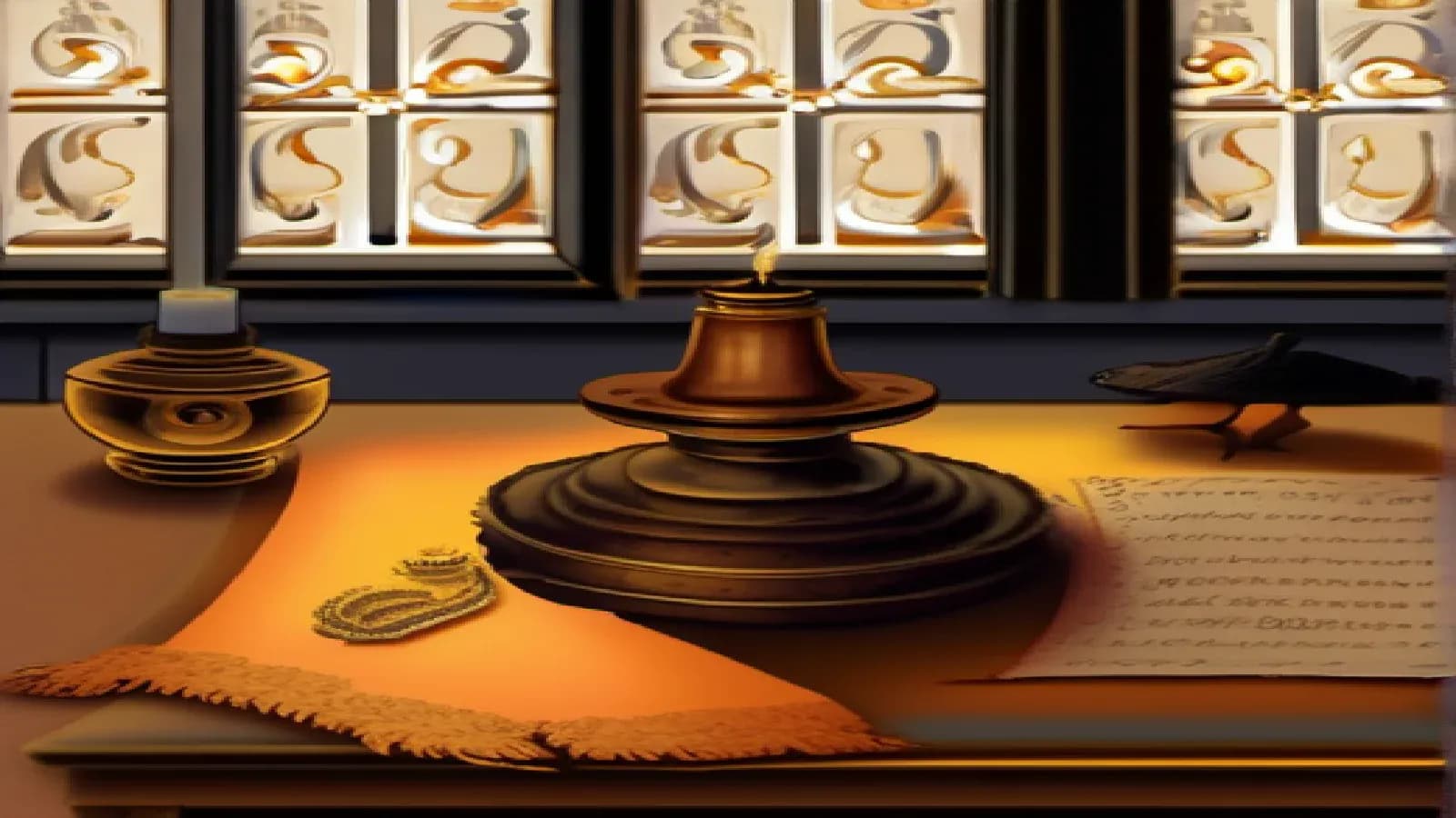A scholar's desk with scrolls, an oil lamp, and ancient writing instruments