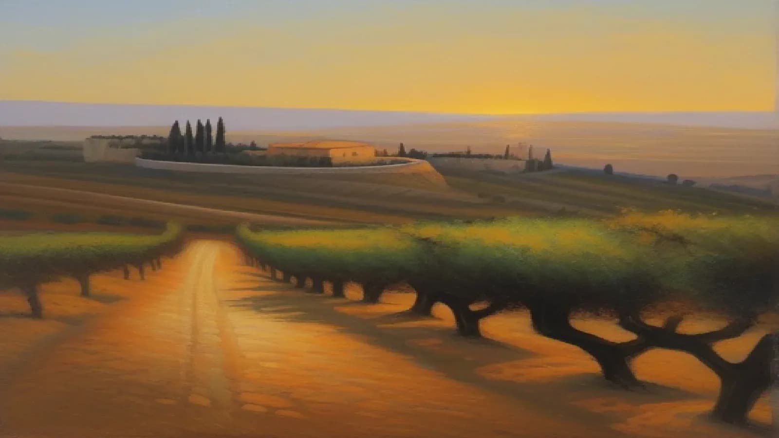 A dusty road winding through olive groves toward ancient Jerusalem at golden hour