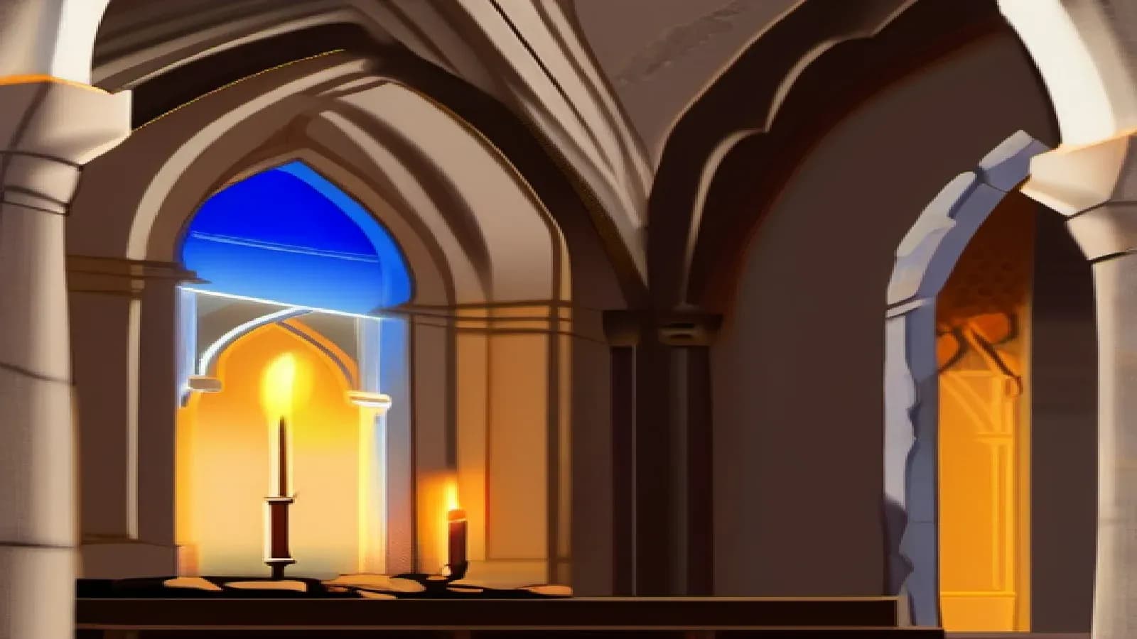 The interior of an ancient stone church with candles and light streaming through arched windows