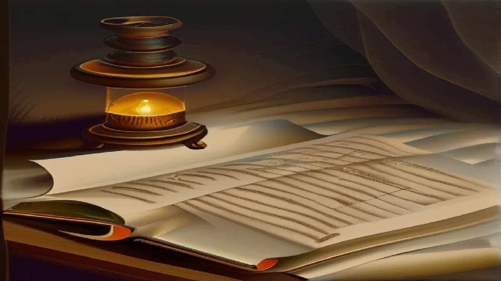 An open Greek New Testament manuscript with ornate lettering beside a quill and oil lamp on a wooden desk