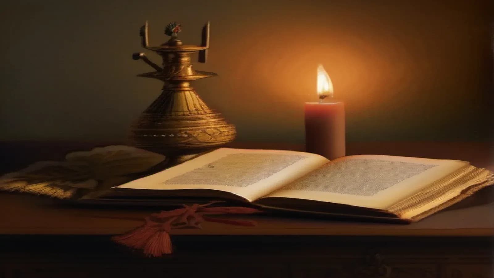 An open ancient Greek codex on a wooden writing desk beside a brass oil lamp and a glowing candle