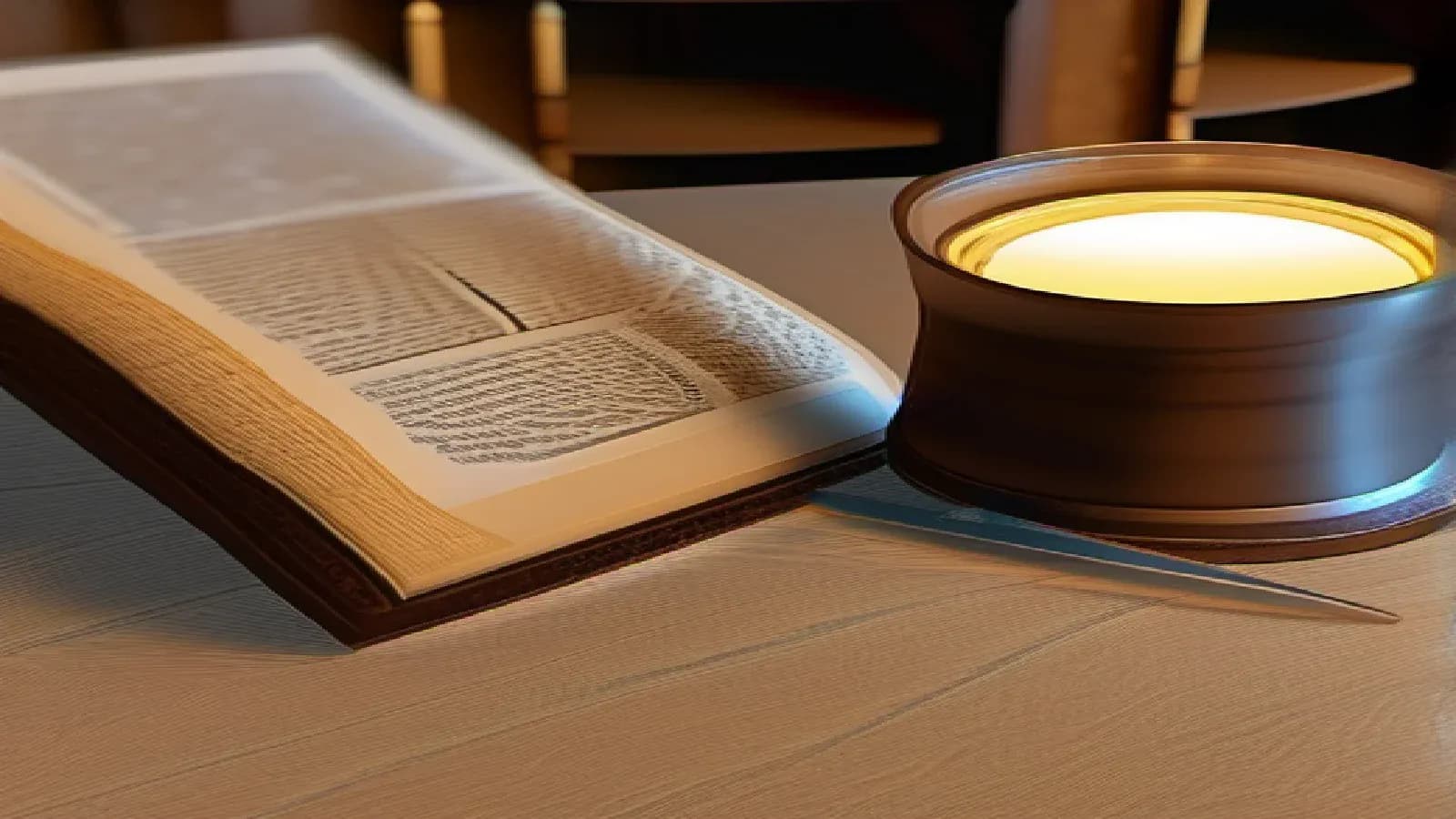 An open ancient Greek New Testament codex resting on a dark wooden scholar’s desk in warm lamplight, a heavy leather-bound lexicon and a brass reading lamp and a round magnifying glass set beside it, the patient close reading of the Greek text where every form is parsed and weighed, reverent scholarly oil painting, warm light
