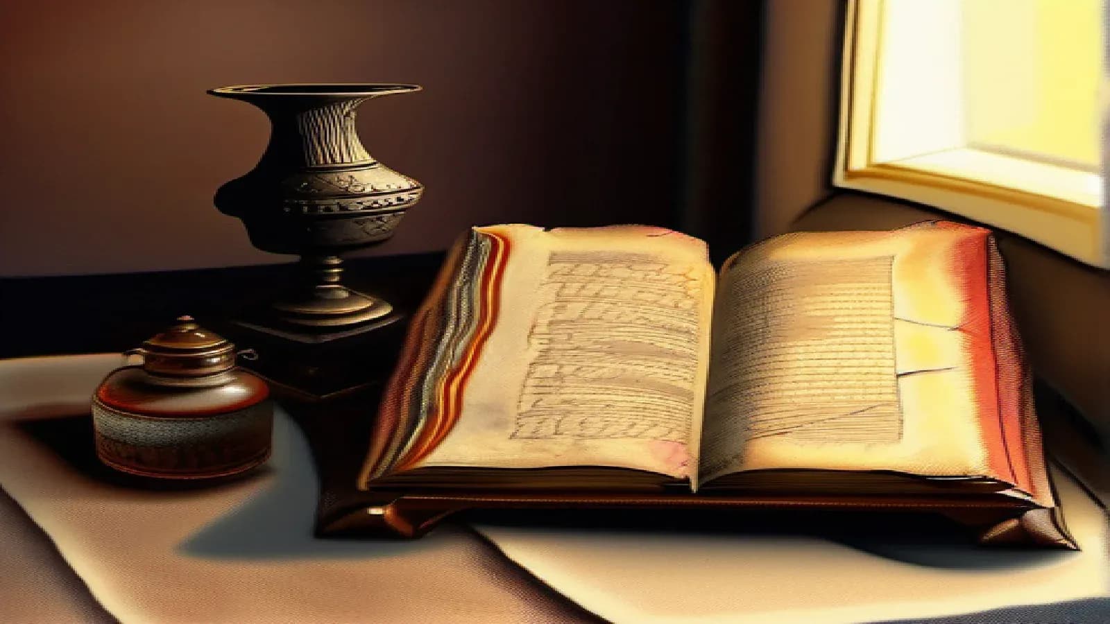 A pointed Hebrew scroll partially unrolled on a stone table beside a reed pen and inkwell