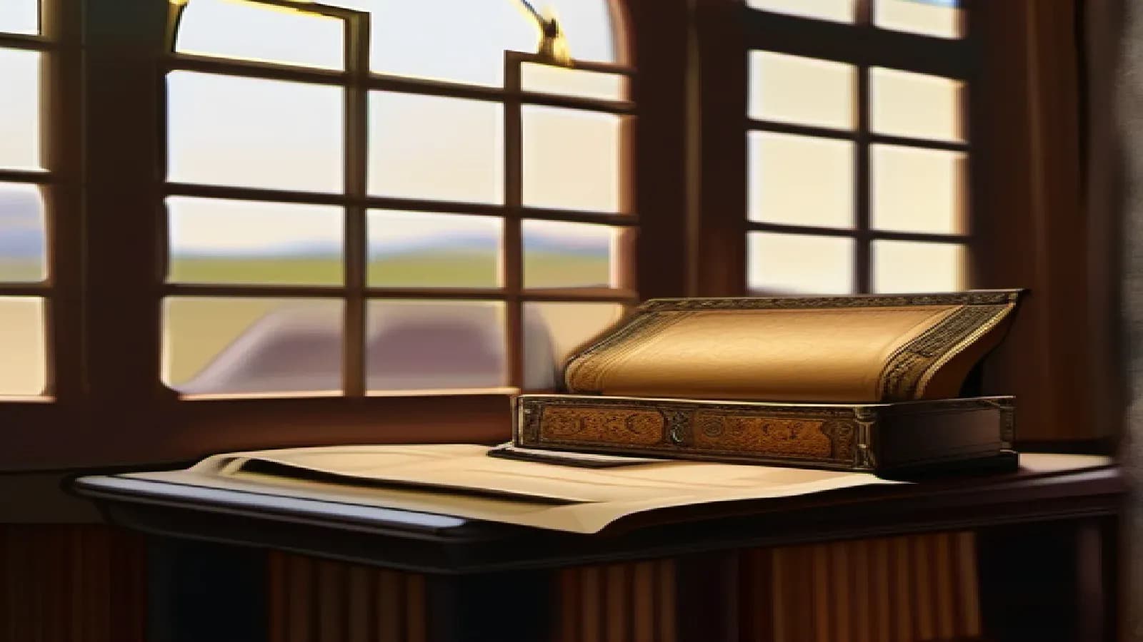 A gilded leather-bound codex on a sunlit wooden study desk beside an unrolled parchment sheet by a tall window