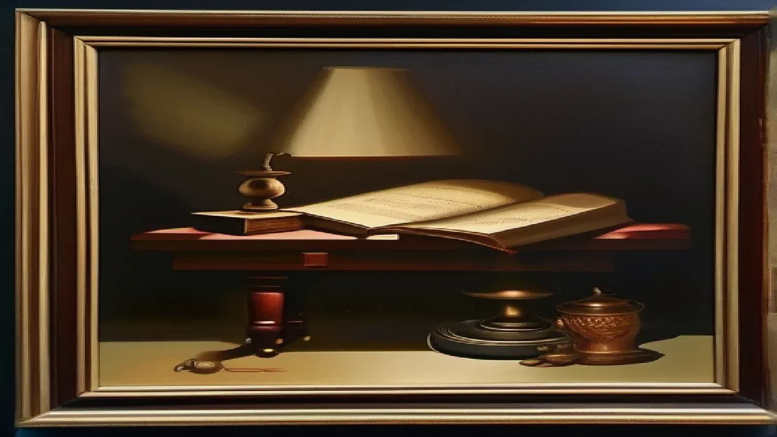 An open ancient Hebrew Torah scroll partly unrolled on a dark wooden scholar’s desk in warm lamplight, a brass reading lamp and a worn leather-bound grammar and a magnifying glass set beside it, the patient close reading of the Hebrew text where every pointed form is parsed and weighed, reverent scholarly oil painting, warm light