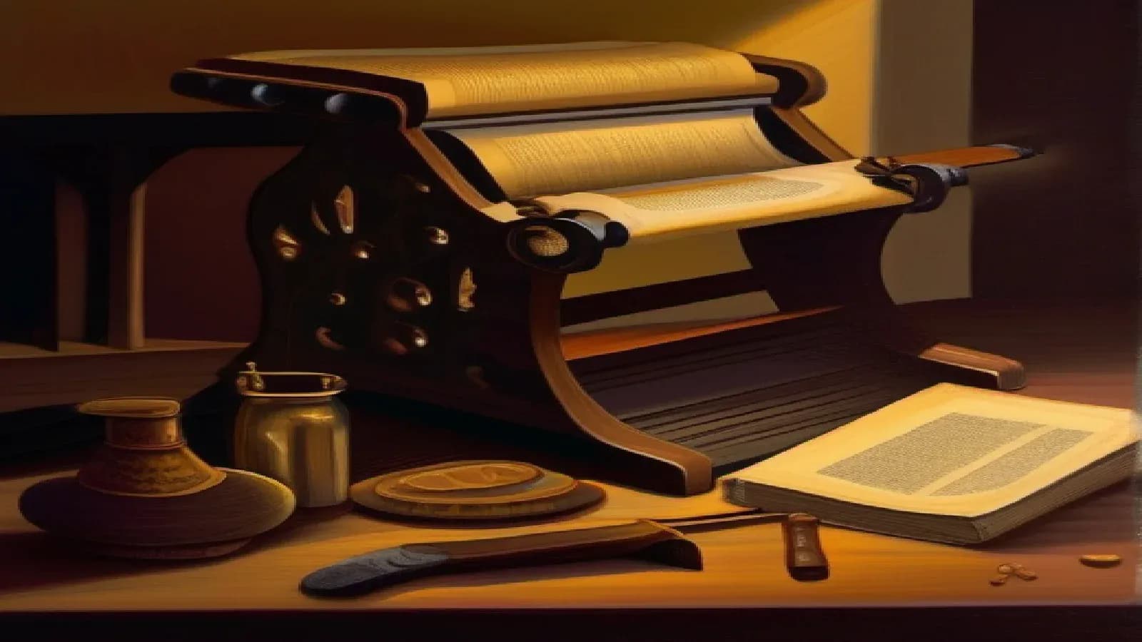 A printing press with freshly printed pages on a wooden workbench beside an open Bible
