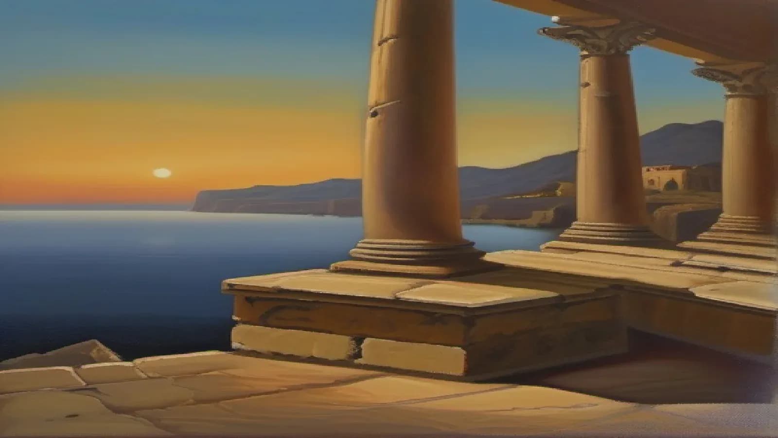 An ancient Mediterranean coastal city of the Hellenistic age under a wide evening sky, weathered marble columns and a harbor below, a rolled parchment scroll and a small clay oil lamp on a worn stone ledge, the world between the testaments, warm amber light and deep shadow, classical oil painting