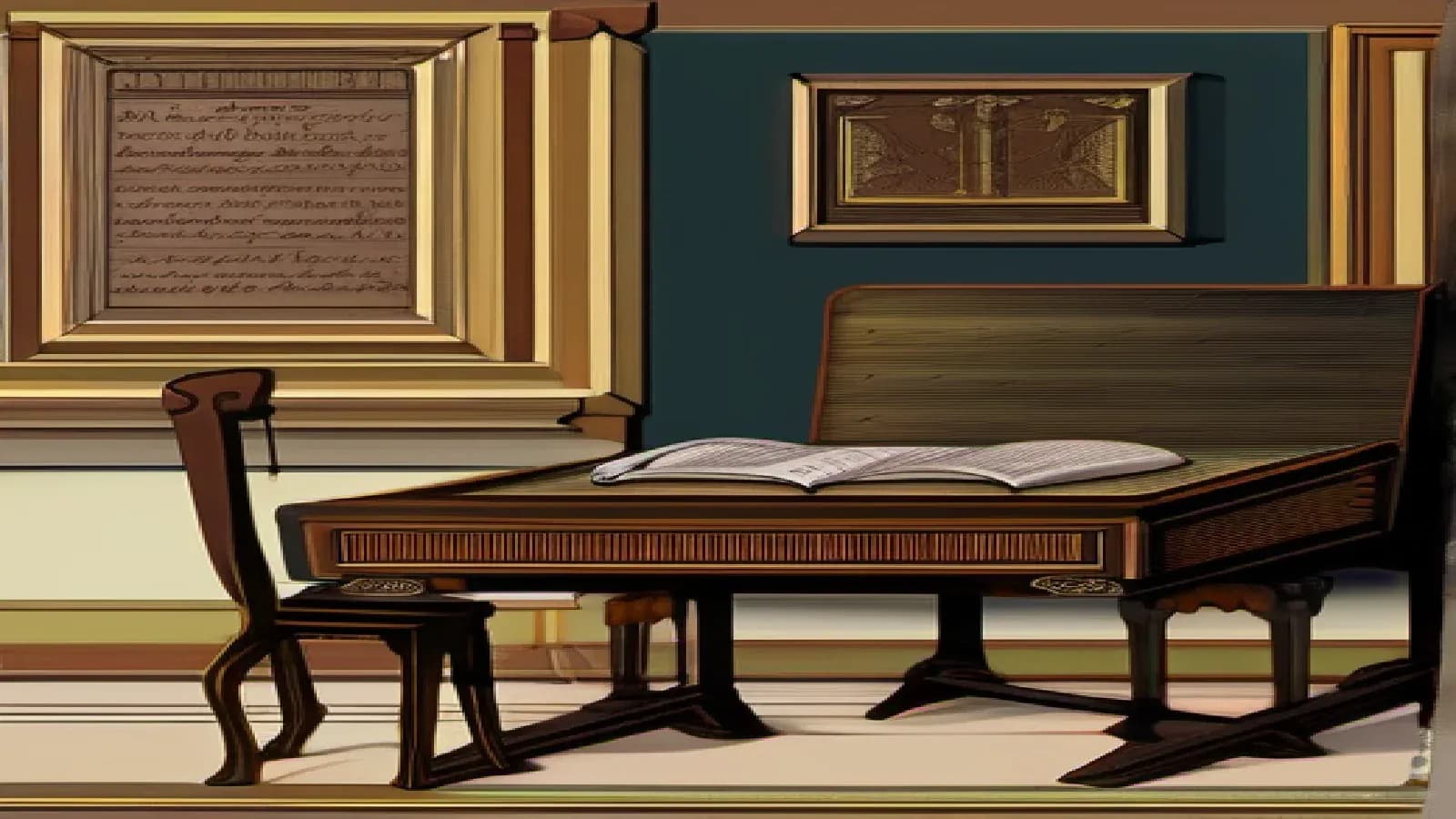An aged scholar's writing desk by warm candlelight, stacked with old leather codices and worn vellum manuscripts and a single quill resting in an inkpot, the handed-down writings of the early church fathers, deep shadow and amber lamplight, warm oil painting