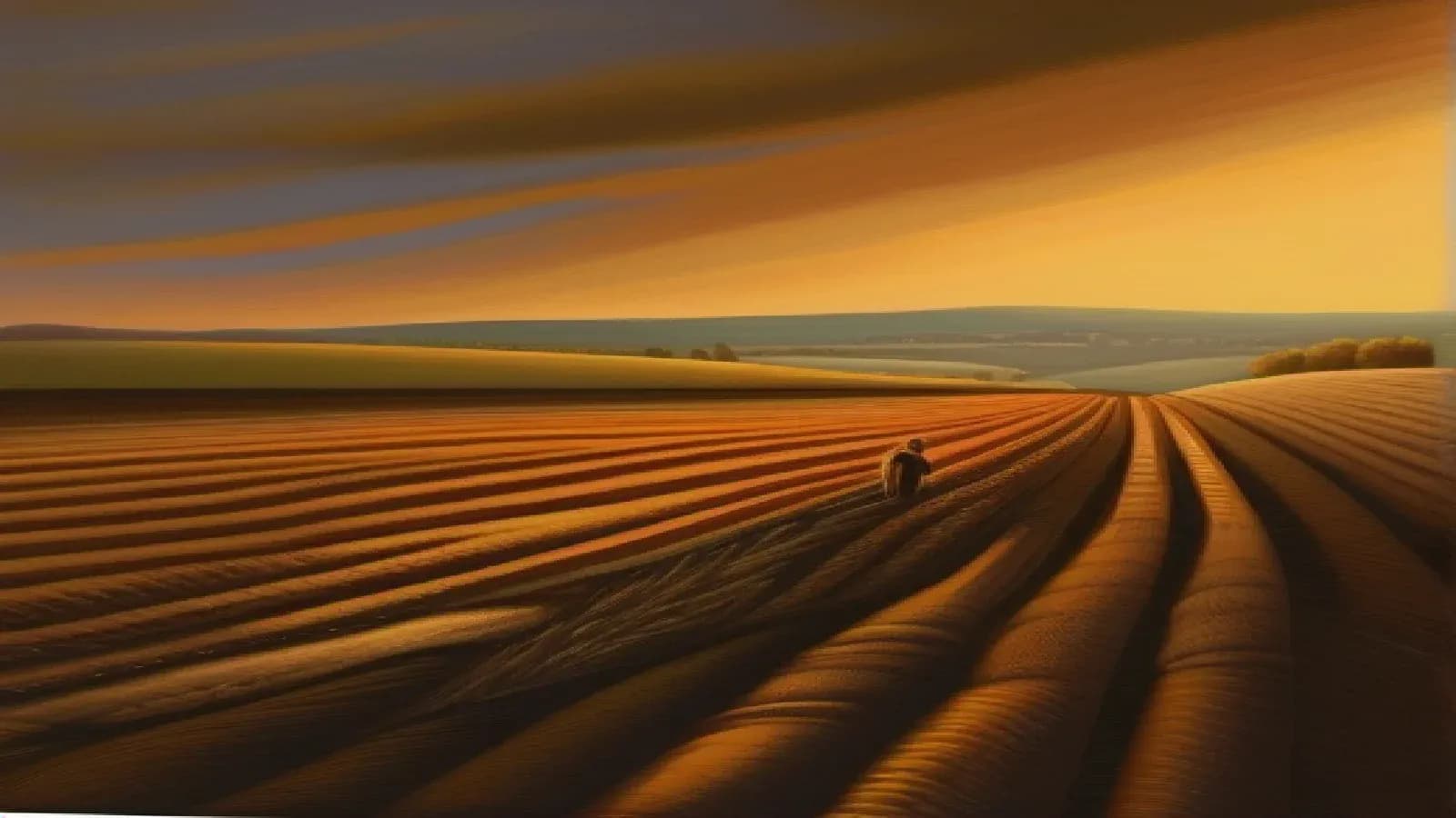 A lone sower walking a sunlit furrowed field at golden hour, casting seed by hand across the long ploughed rows as warm amber light spreads to the distant hills, the everyday picture from which Jesus drew his parables of the kingdom, reverent scholarly oil painting, warm light