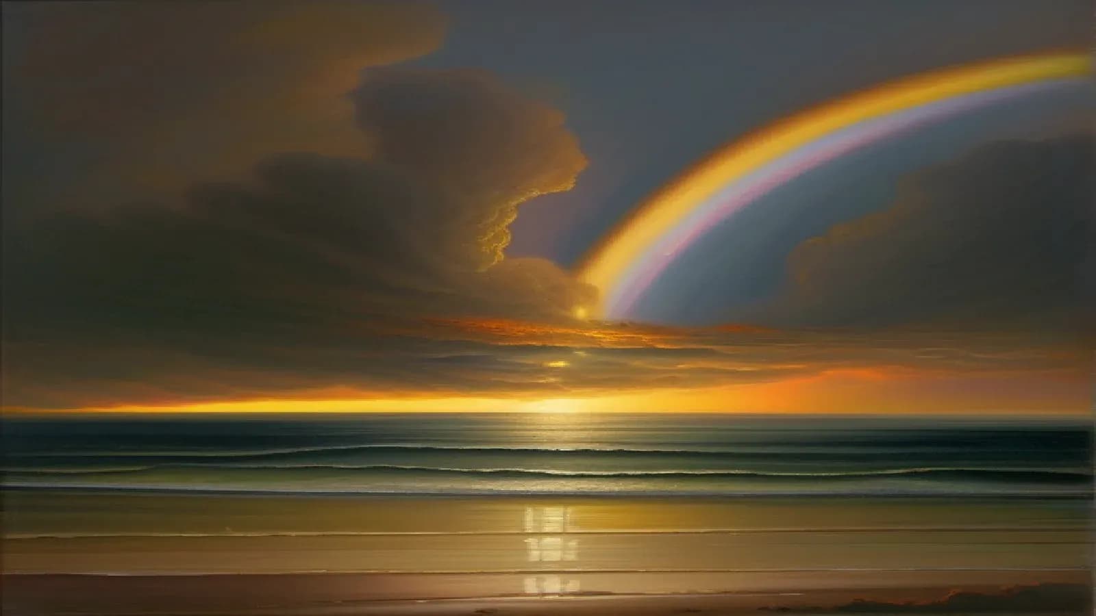 A burst of golden and white light breaking from the heavens through parting storm clouds over a vast still mirror-calm sea, a faint encircling rainbow arching above, rays streaming down in awe and glory, the unveiled heavenly vision of the Apocalypse, reverent luminous oil painting, warm light