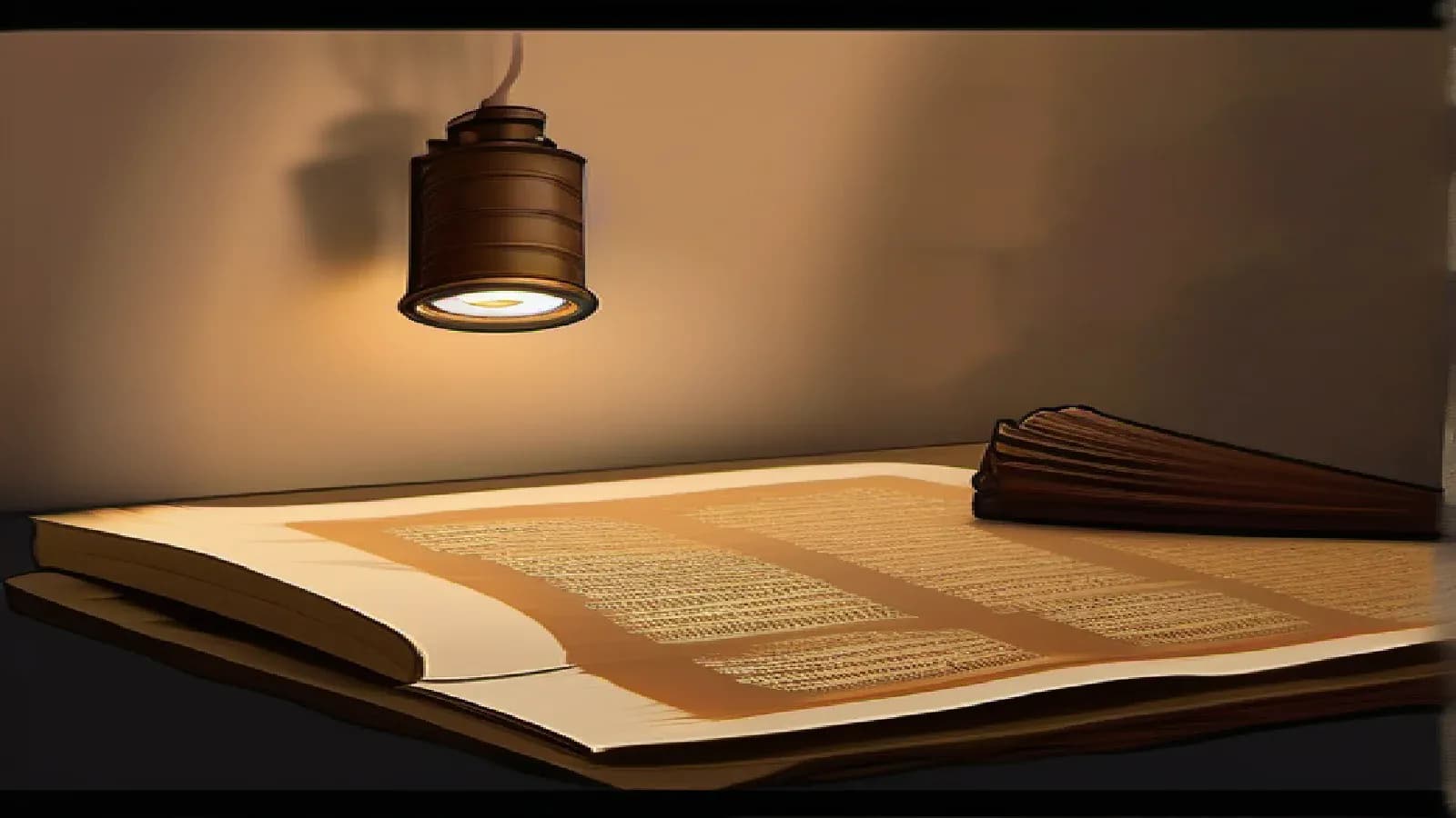 An ancient Hebrew scroll partly unrolled on a dark wooden scholar’s table in warm lamplight, columns of Hebrew lettering visible on the parchment and a reading lamp beside it, the patient study of how the Hebrew scriptures were formed, transmitted, and gathered into a canon, reverent scholarly oil painting, warm light