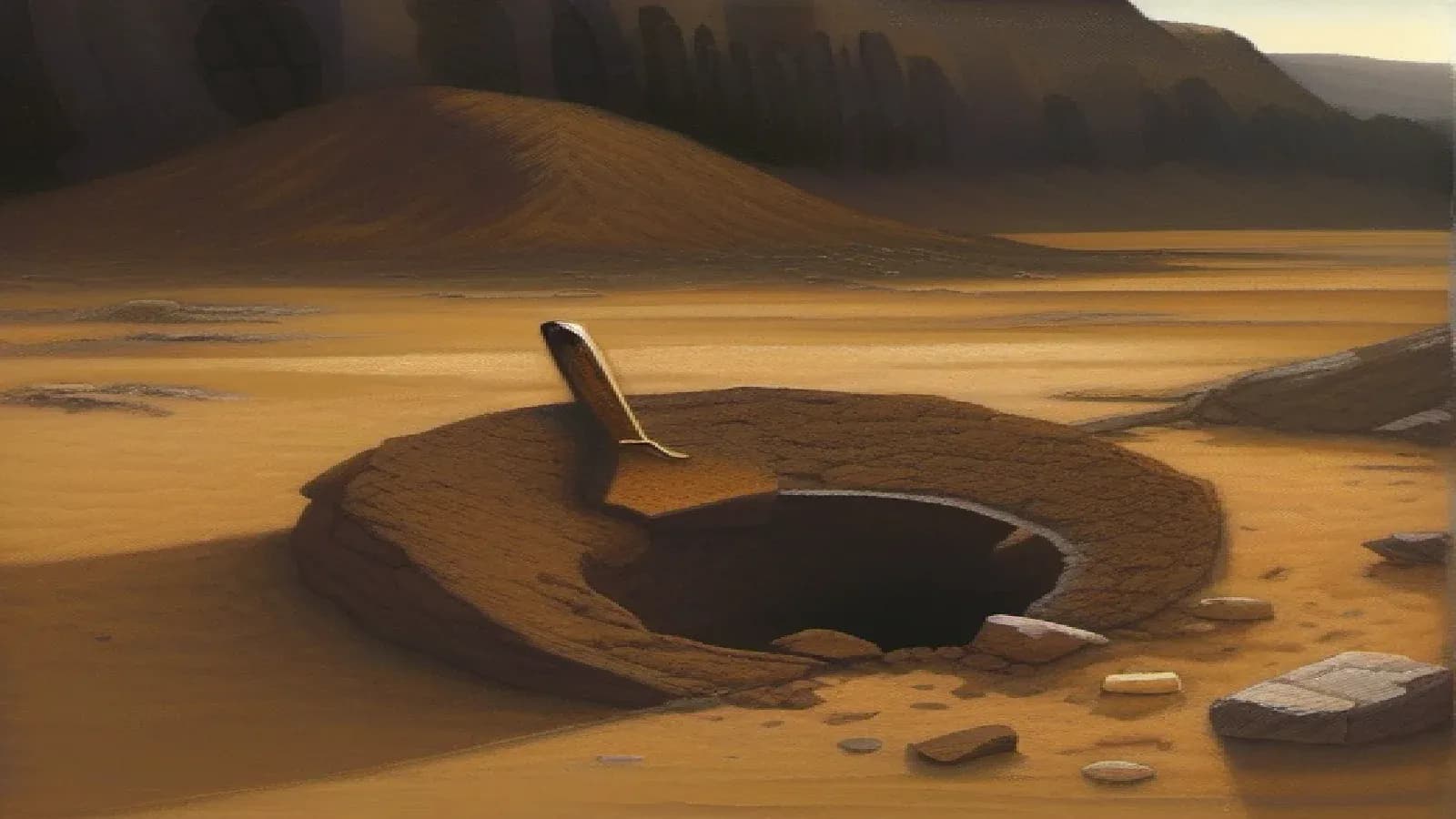 An archaeological excavation trench cut into the dry earth of an ancient Near Eastern site in warm low afternoon light, the layered soil and weathered stone of a buried past emerging from the ground, the patient reading of what the spade reveals about the biblical world, reverent scholarly oil painting, warm light