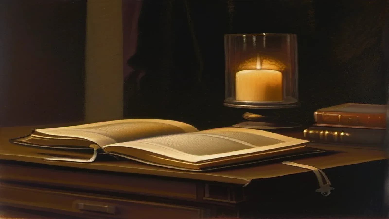 A scholar's study with leather-bound theological volumes on an oak desk illuminated by candlelight