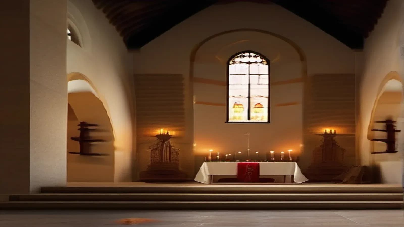 A stone cathedral altar with a wooden cross bathed in warm light from a rose window