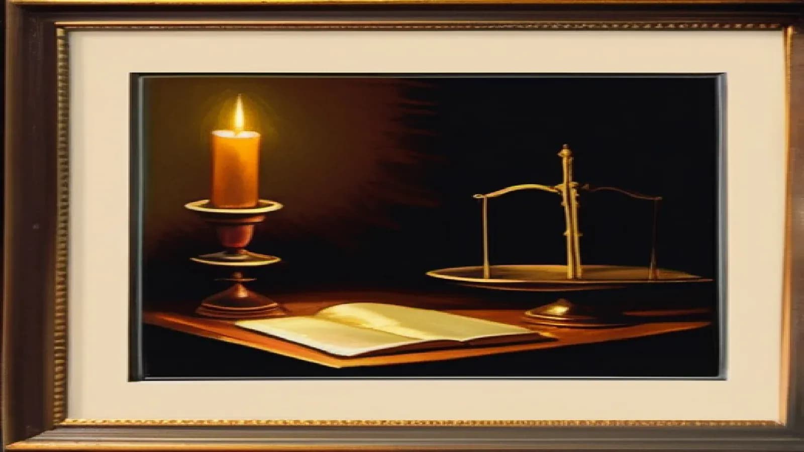 A pair of balanced bronze scales resting on an ancient wooden table beside an open book and candle