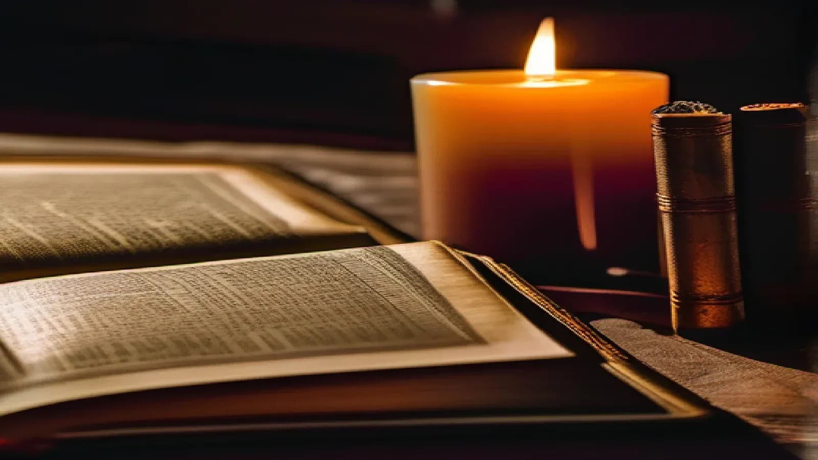 Several old sacred books and scrolls of different faith traditions resting open together on a worn wooden table in warm amber lamplight, a quiet reverent still life of the world's scriptures side by side, soft candle glow and deep shadow, warm oil painting