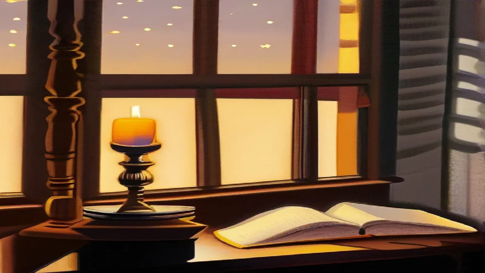 A candle-lit wooden study desk at night with an open leather book beside a small brass balance scale, a window opening onto a deep night sky full of stars, reason and wonder together, warm amber lamplight and deep shadow, classical oil painting