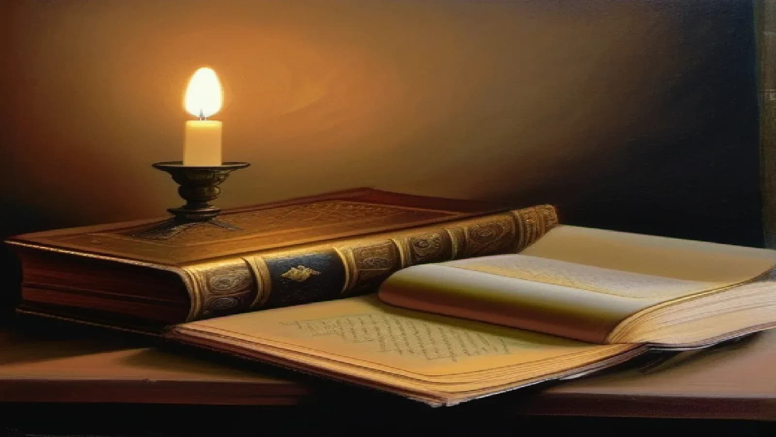 An ornate old leather folio closed beside an open illuminated manuscript on a worn wooden desk by candlelight, old books and texts laid out across the centuries, the development of Christian doctrine through the ages, deep shadow and warm amber glow, classical oil painting still life