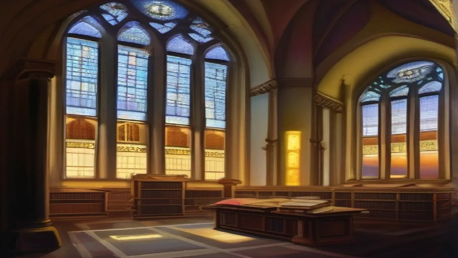 A great vaulted cathedral library with concentric ordered tiers of old theology volumes rising around a single open systematic folio on a central lectern, a tall arched window opening onto a luminous sky and cosmos beyond, the architecture of Christian doctrine, warm candlelight and dawn light, reverent classical oil painting