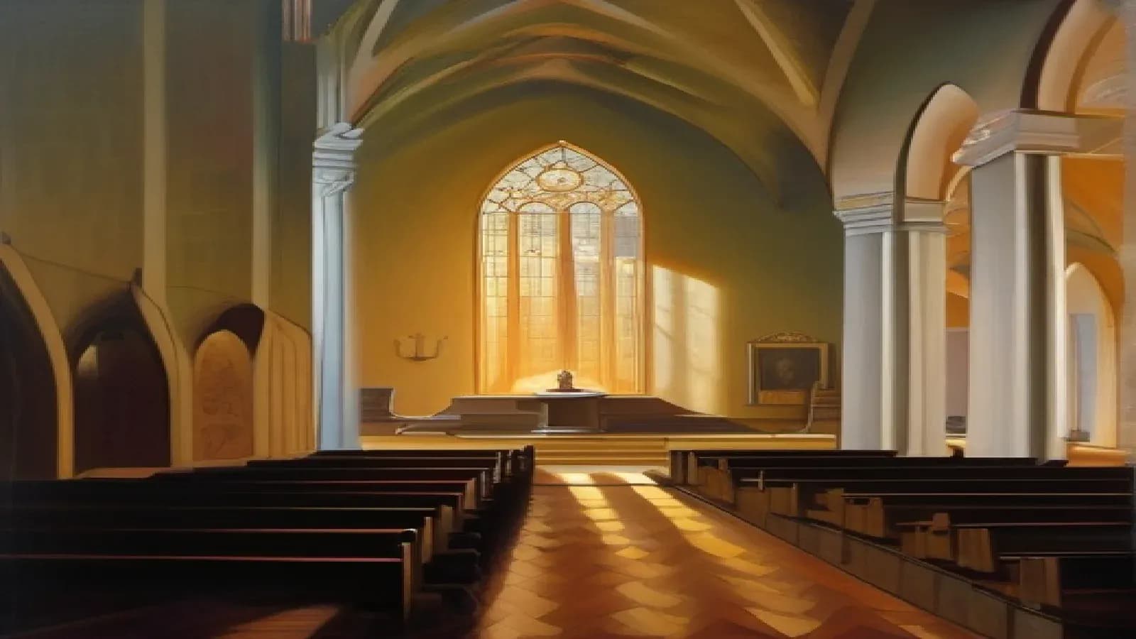 A quiet stone chapel sanctuary interior at dawn, a tall shaft of light falling through a high arched window onto an open book on a plain stone altar, a faint descending radiance above, the work of God in Christ and the Spirit, warm candlelight and dawn glow, reverent classical oil painting