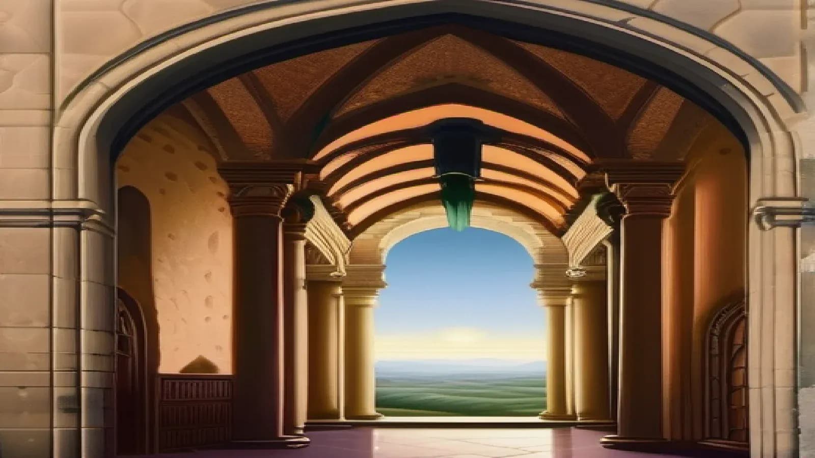 A great cathedral nave opening through a tall stone archway onto a luminous new dawn over a distant renewed city and green landscape, a path of warm light leading outward toward the horizon, the church and the world to come, hopeful radiant oil painting, warm dawn glow
