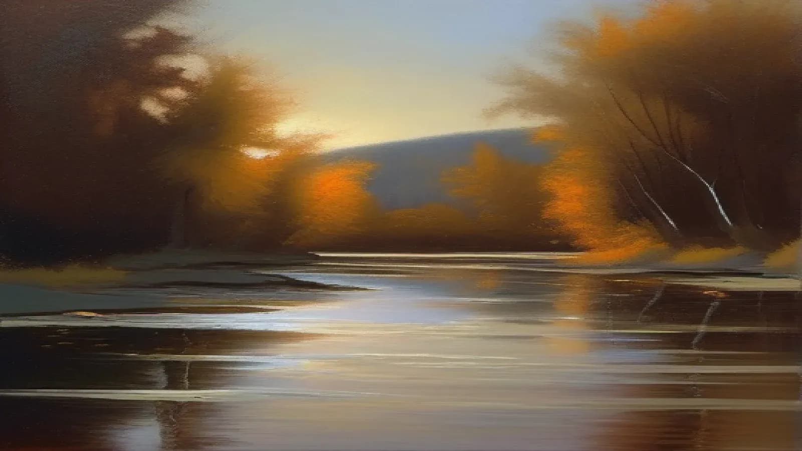 A luminous river of light running through a warm dawn landscape, beginning at a bright source and broadening into a wide radiance at the horizon, autumn trees along its banks reflected in the still water, the storyline of Scripture as one river from its seed to its consummation, reverent oil painting, warm dawn glow