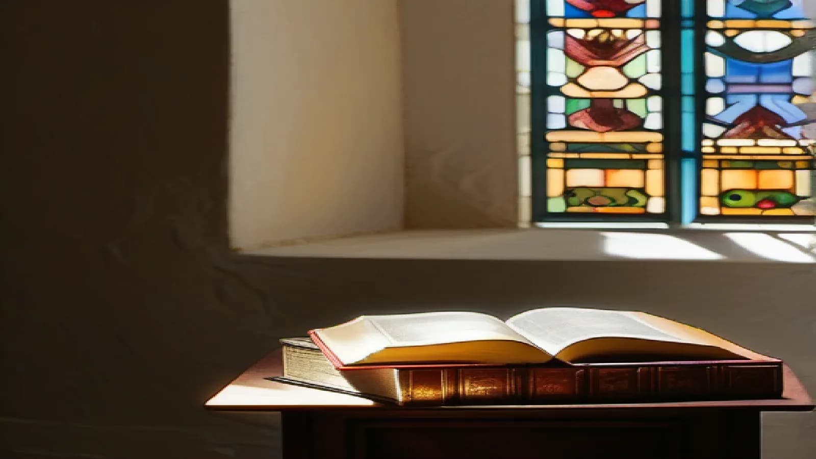 An open printed folio Bible resting on a plain wooden lectern in a shaft of clear window light, a quiet study with bare stone walls and a leaded window beyond, the early days of print and the recovery of the written word at the heart of the Reformation, reverent and restrained oil painting, warm light